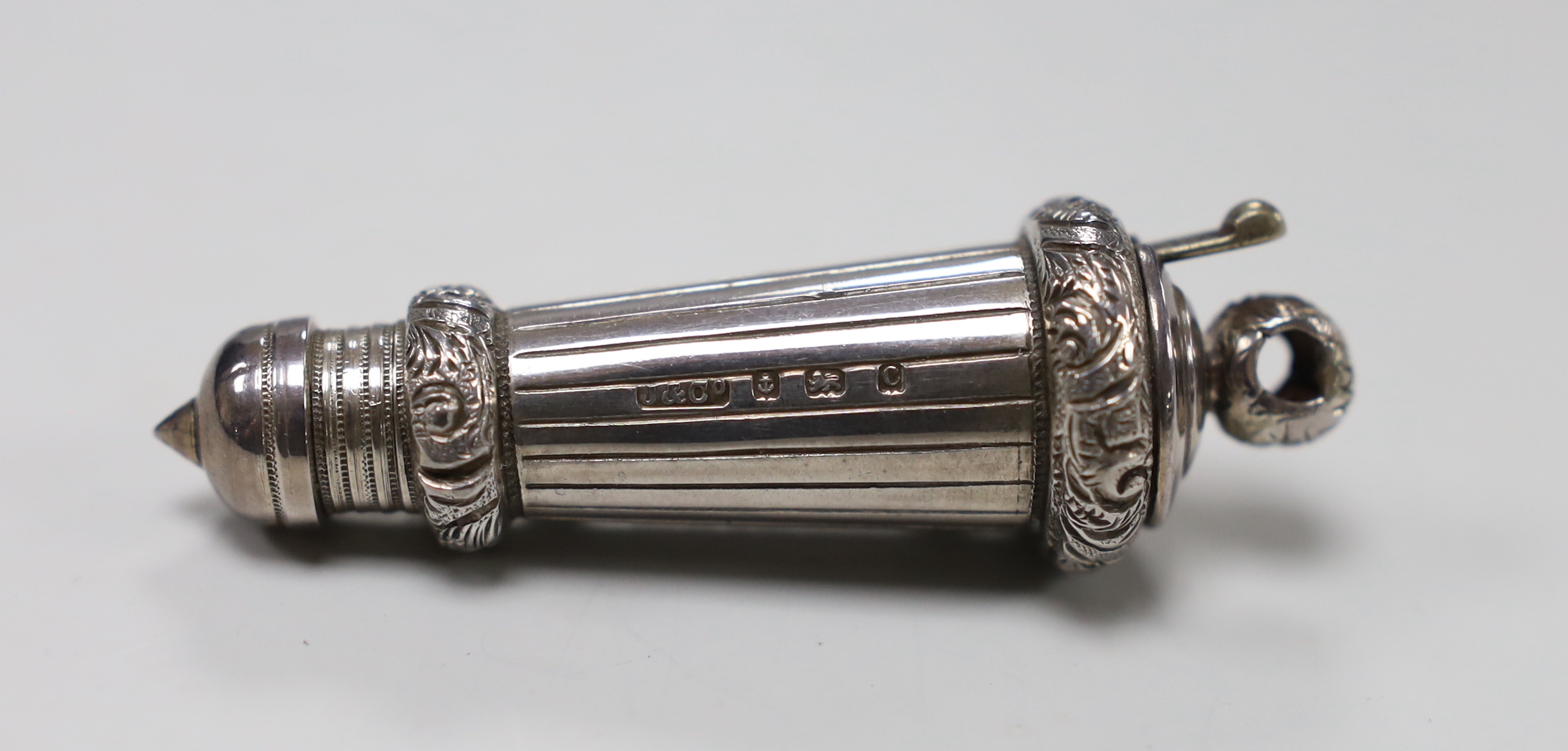 An Edwardian silver military whistle and case, Joseph Jennens & Co, Birmingham, 1902, 68mm.